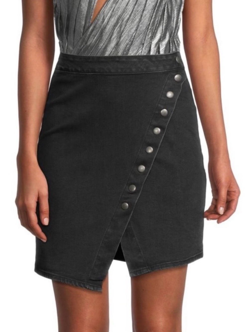 NEON BLONDE Black Denim Snap-Front Wrap Mini Skirt, Size 24, EUC